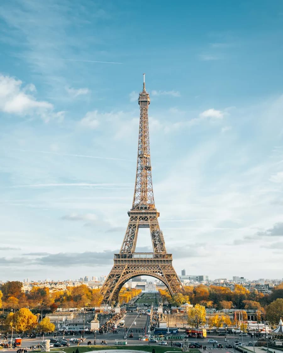 The Eiffel Tower above the autumn trees of the Champ de Mars in Paris