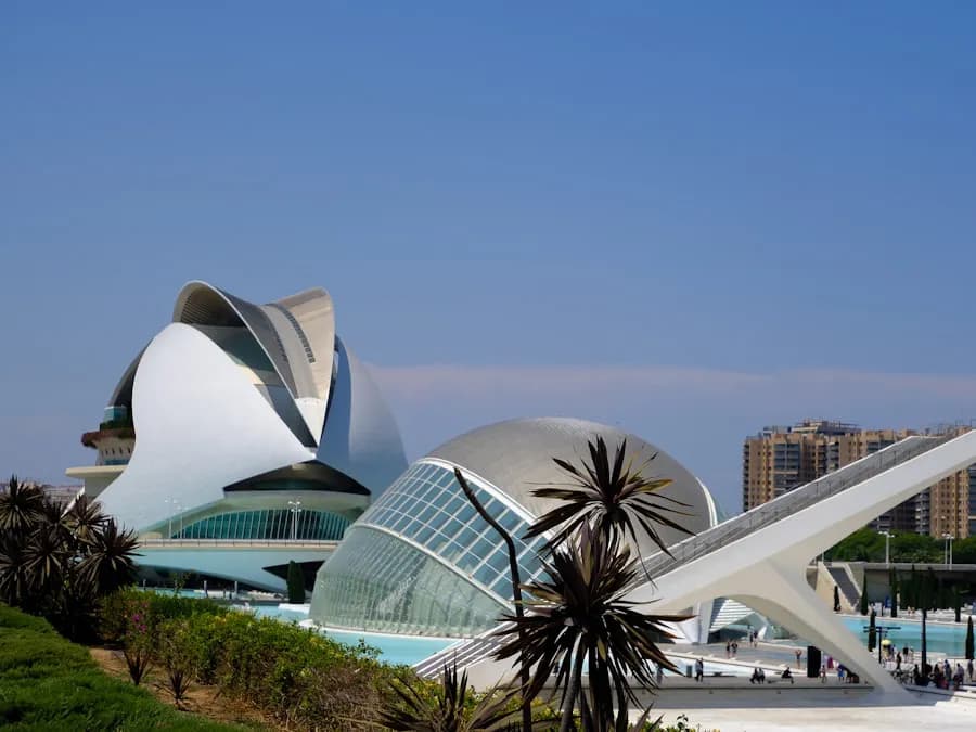 The white curves of the City of Arts and Sciences in Valencia against a blue sky